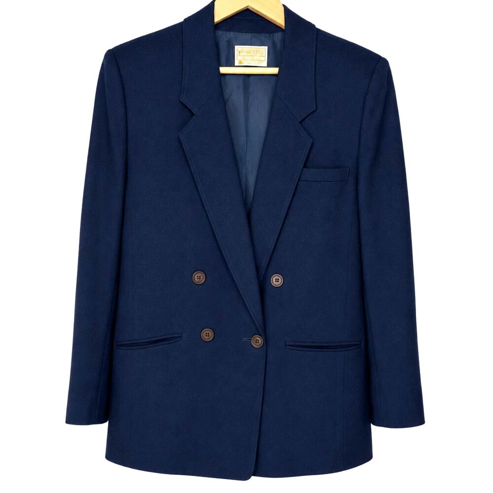 Vintage Pendleton Navy Blue Virgin Wool Double Breasted Women's Blazer Classic